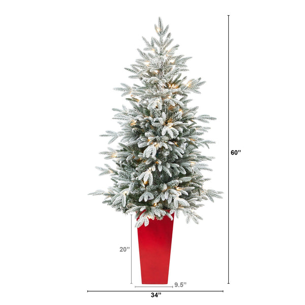 5’ Flocked Manchester Spruce Artificial Christmas Tree with 100 Lights and 357 Bendable Branches in Red Tower Planter