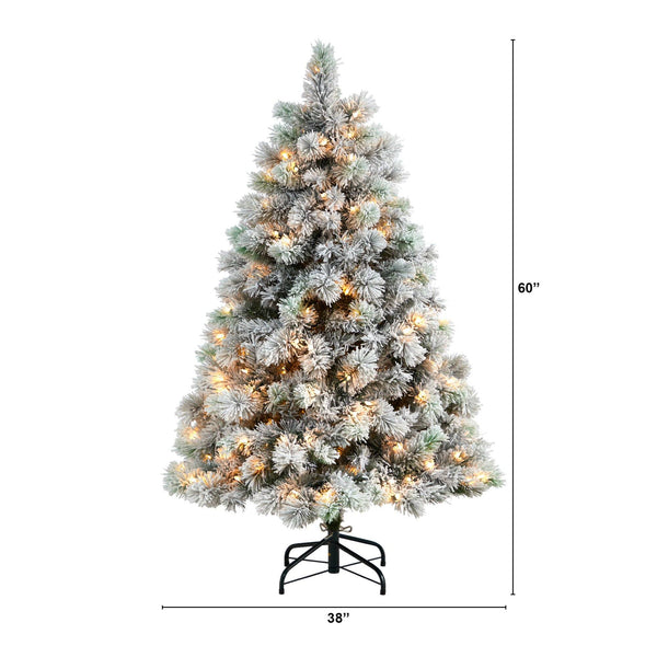 5’ Flocked Oregon Pine Artificial Christmas Tree with 200 Clear Lights and 347 Bendable Branches