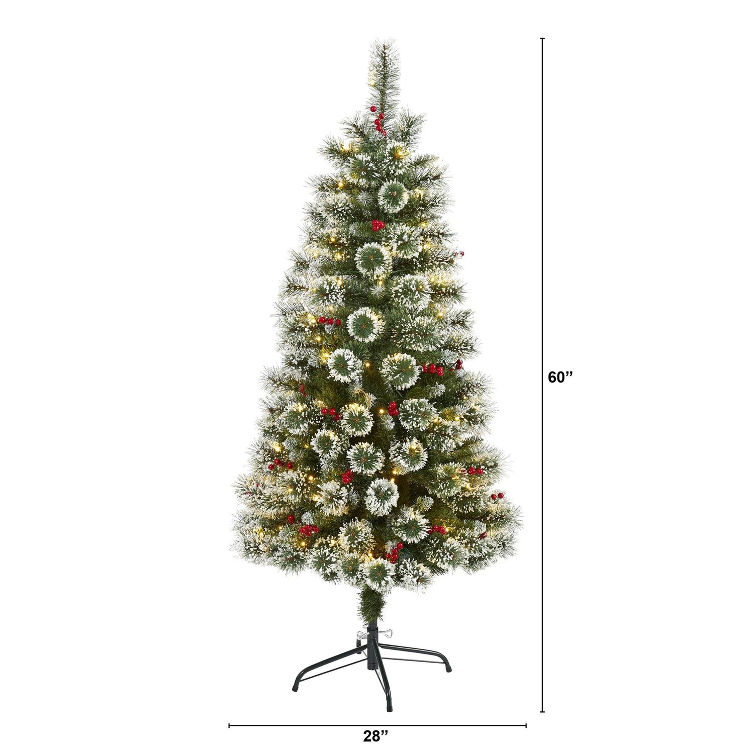 5’ Frosted Swiss Pine Artificial Christmas Tree with 200 Clear LED Lights and Berries