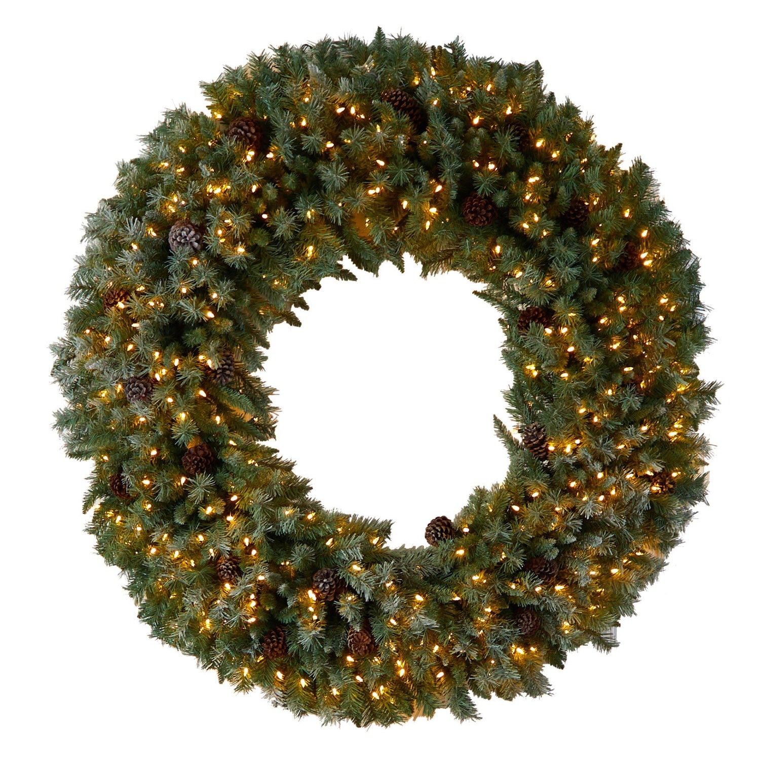 5’ Giant Flocked Christmas Wreath with Pinecones, 400 Clear LED Lights and 760 Bendable Branches