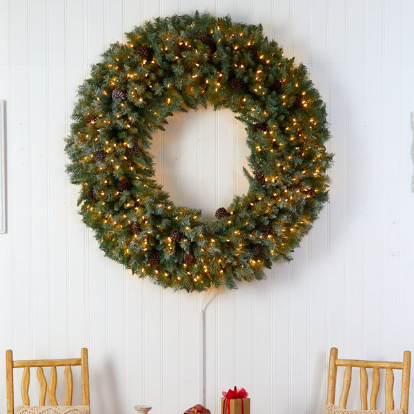 5’ Giant Flocked Christmas Wreath with Pinecones, 400 Clear LED Lights and 760 Bendable Branches