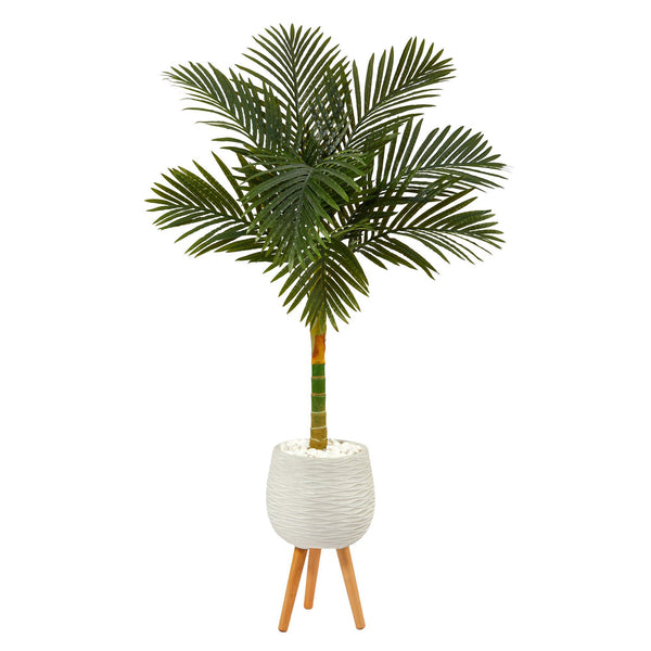 5’ Golden Cane Artificial Palm Tree in White Planter with Stand