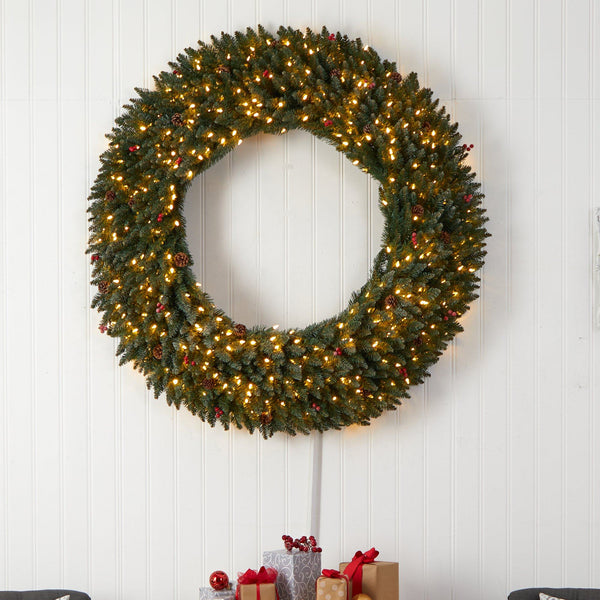 5’ Large Flocked Wreath with Pinecones, Berries, 400 Clear LED Lights and 820 Bendable Branches