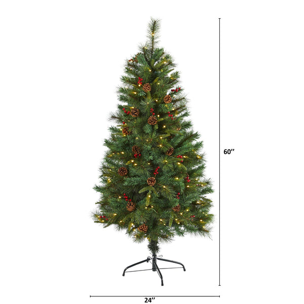 5’ Mixed Pine Artificial Christmas Tree with 150 Clear LED Lights, Pine Cones and Berries