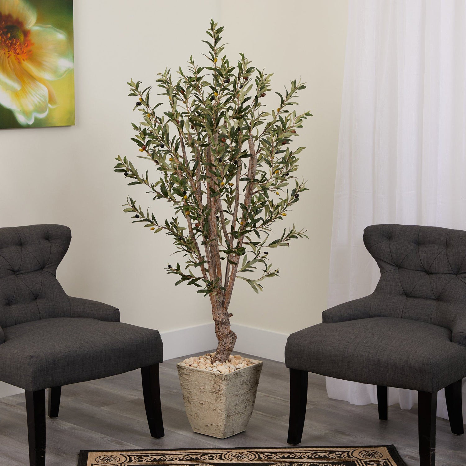 5’ Olive Artificial Tree in Country White Planter