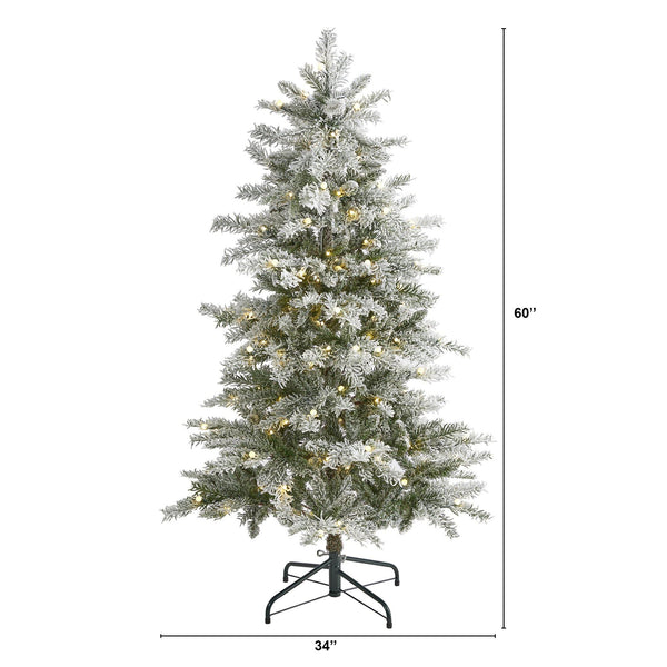 5’ Slim Flocked Nova Scotia Spruce Artificial Christmas Tree with 150 Warm White LED Lights and 433 Bendable Branches