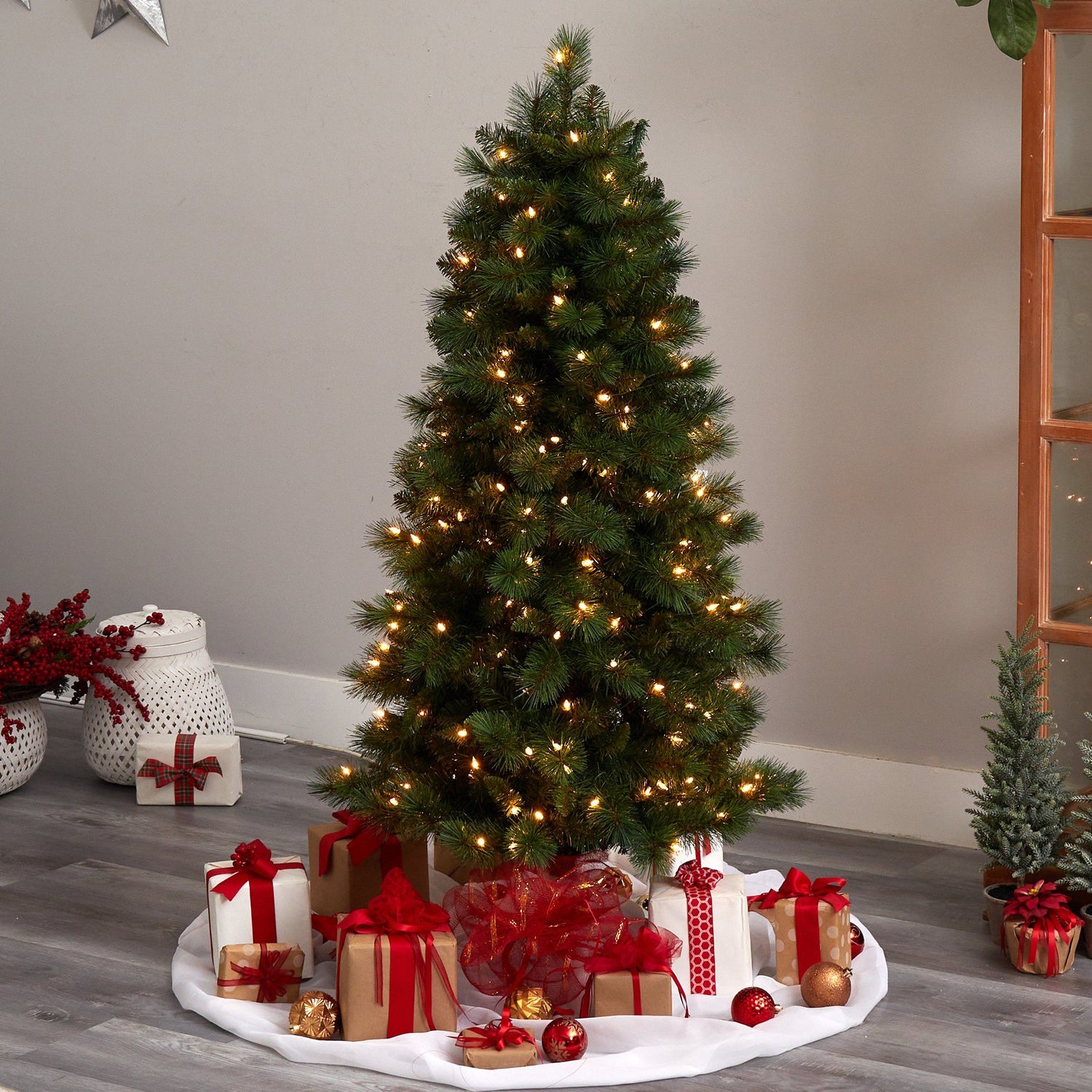 5’ Slim West Virginia Mountain Pine Christmas Tree with 200 Clear Lights and 467 Bendable Branches