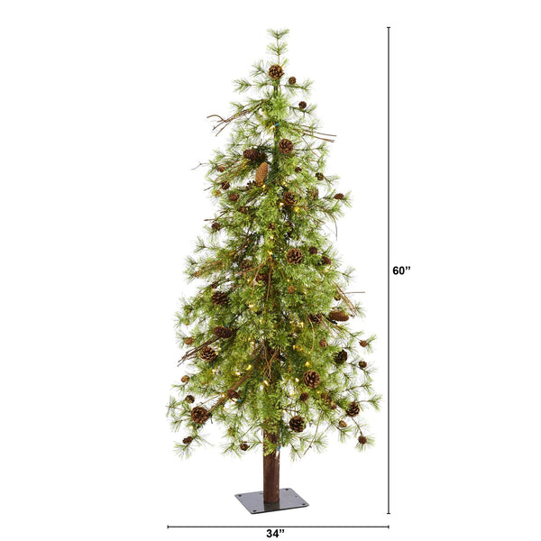 5' Wyoming Alpine Artificial Christmas Tree with 100 Clear (multifunction) LED Lights and Pine Cones on Natural Trunk