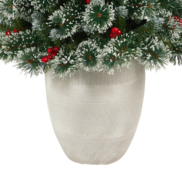 50” Frosted Swiss Pine Artificial Christmas Tree with 100 Clear LED Lights and Berries in White Planter