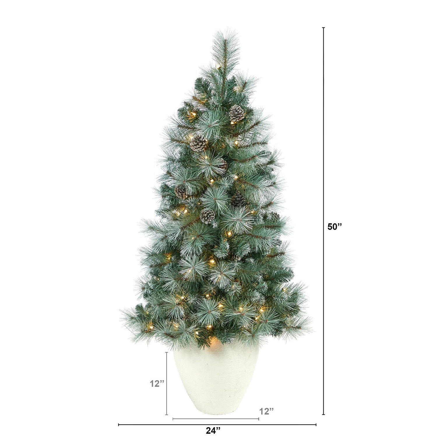 50” Frosted Tip British Columbia Mountain Pine Artificial Christmas Tree with 100 Clear Lights, Pine Cones and 228 Bendable Branches in White Planter