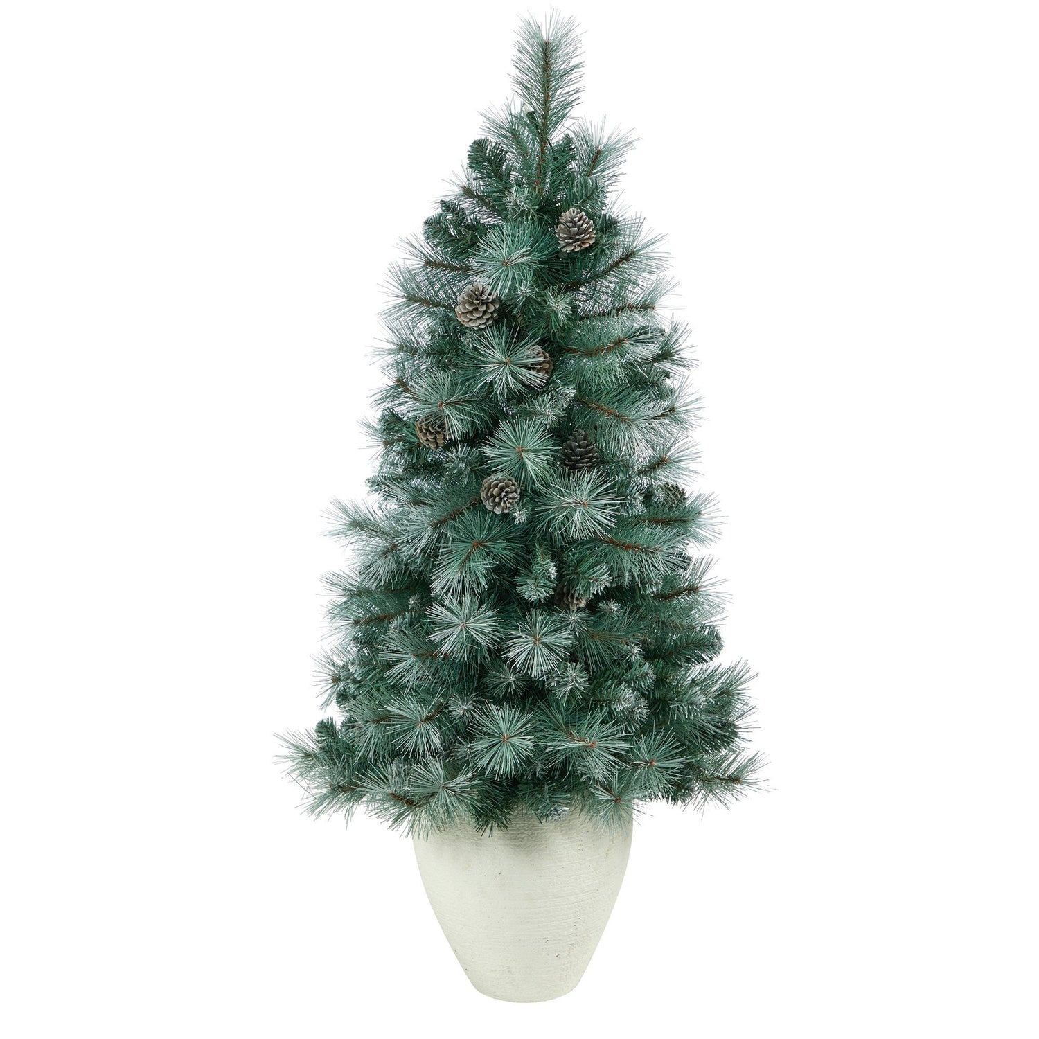 50” Frosted Tip British Columbia Mountain Pine Artificial Christmas Tree with 100 Clear Lights, Pine Cones and 228 Bendable Branches in White Planter