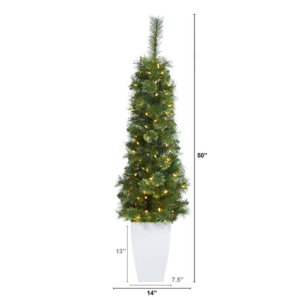 50” Green Pencil Artificial Christmas Tree with 100 Clear (Multifunction) LED Lights and 140 Bendable Branches in White Metal Planter