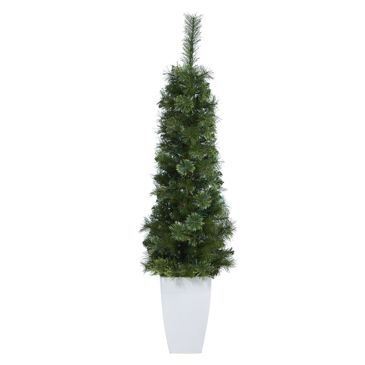 50” Green Pencil Artificial Christmas Tree with 100 Clear (Multifunction) LED Lights and 140 Bendable Branches in White Metal Planter