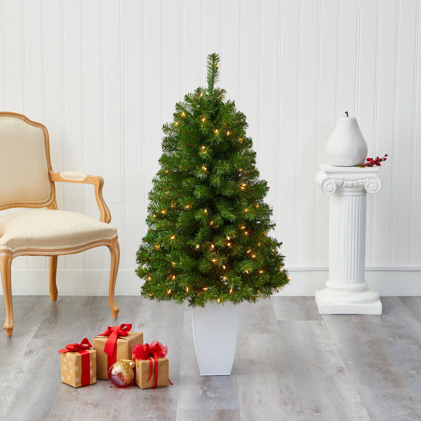 50” Virginia Fir Artificial Christmas Tree with 100 Clear Lights and 223 Bendable Branches in White Metal Planter