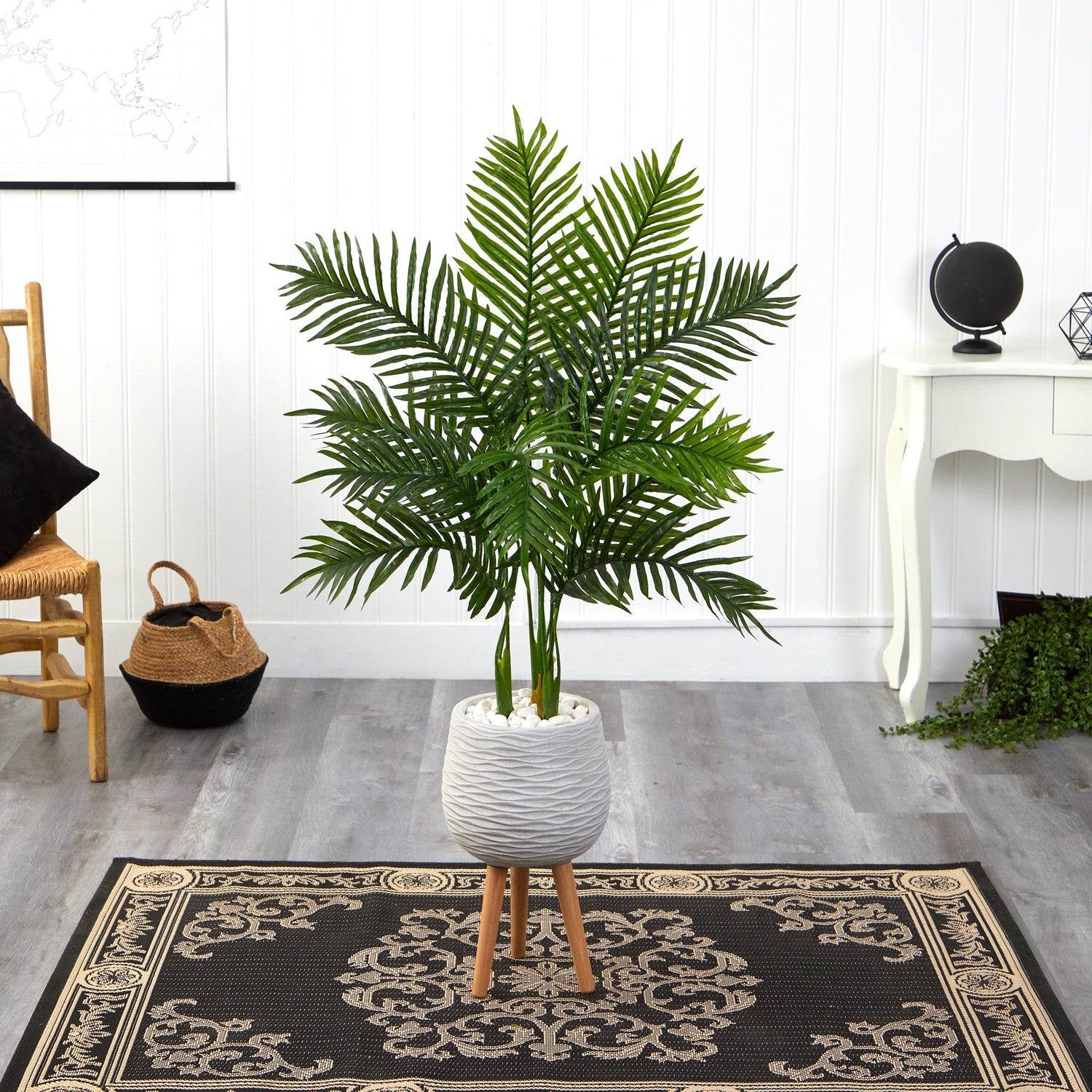 52” Areca Palm Artificial Tree in White Planter with Stand (Real Touch)