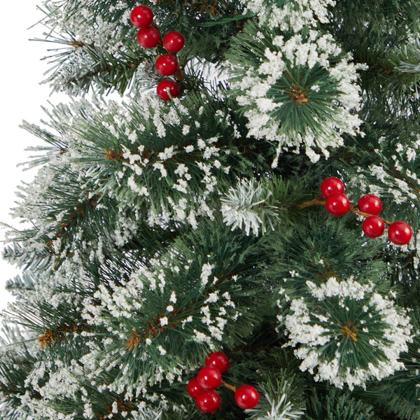 52” Frosted Swiss Pine Artificial Christmas Tree with 100 Clear LED Lights and Berries in Red Tower Planter