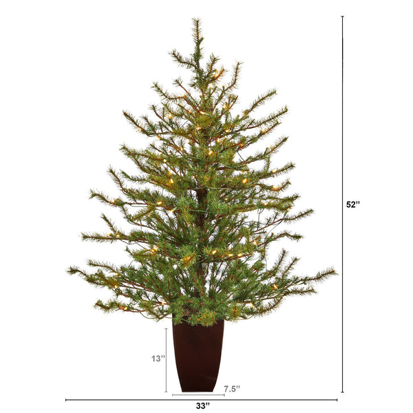 52” Vancouver Mountain Pine Artificial Christmas Tree with 100 Clear Lights and 374 Bendable Branches in Bronze Metal Planter