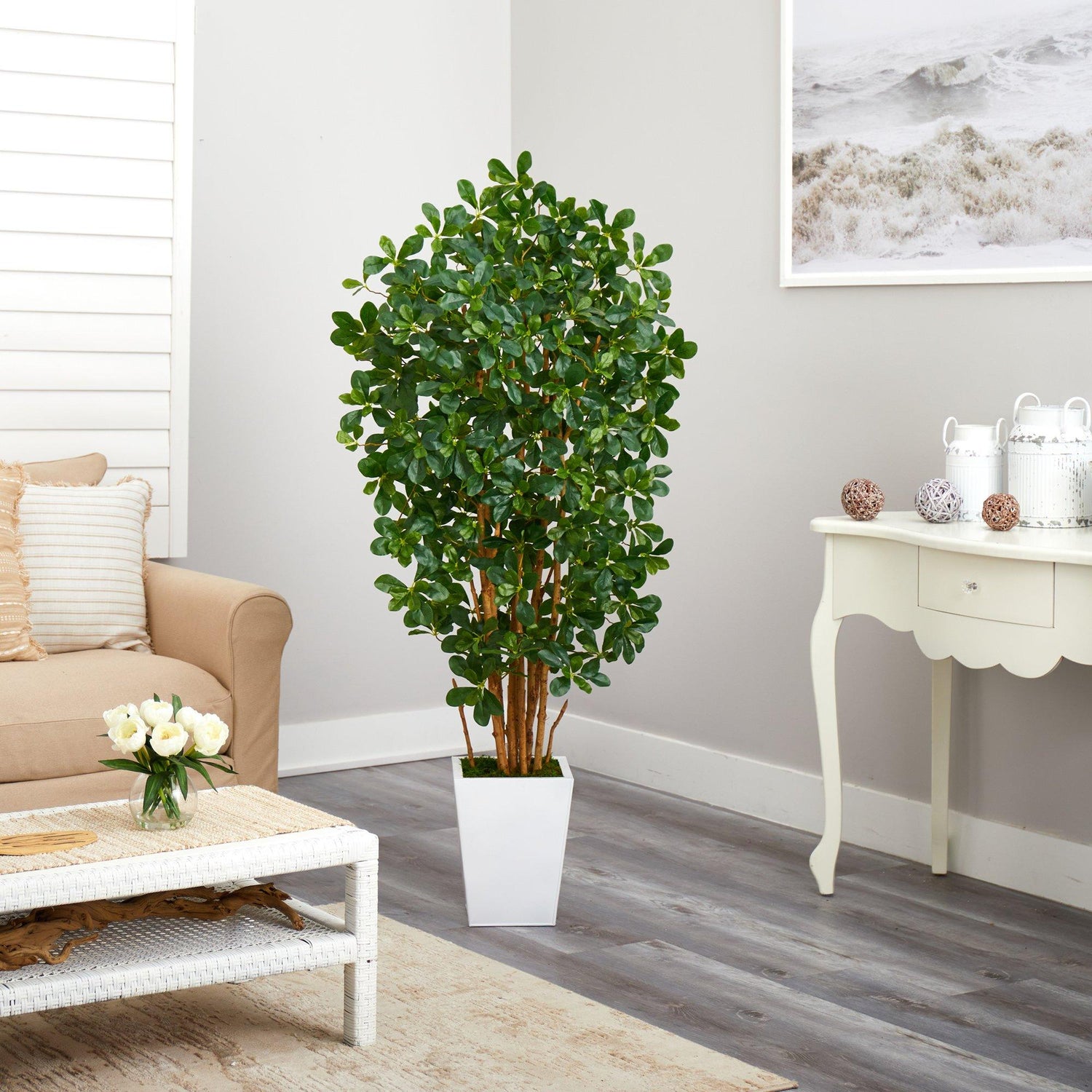 5.5’ Black Olive Artificial Tree with 1365 Bendable Leaves in Metal White Planter