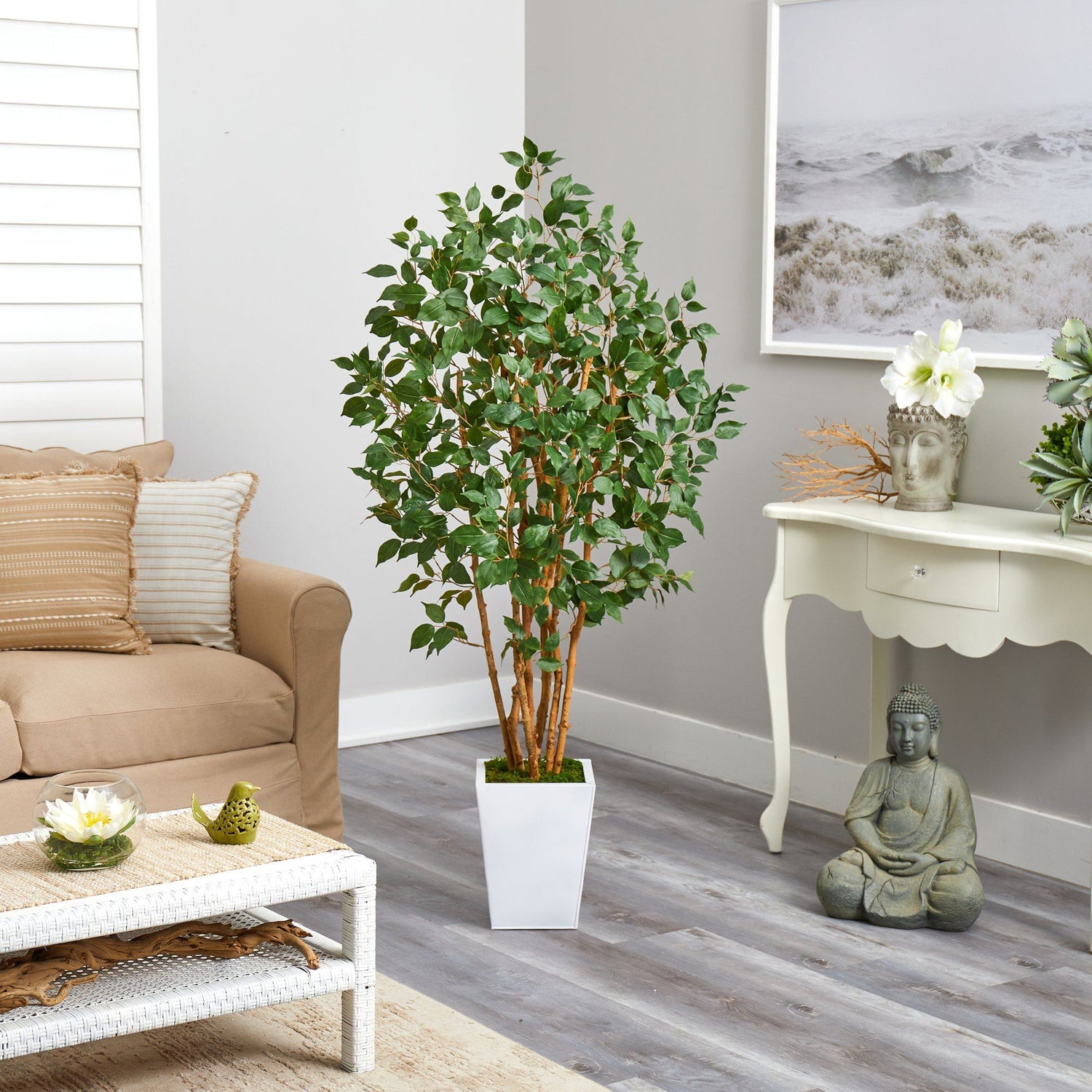 5.5' Ficus Bushy Artificial Tree in White Metal Planter