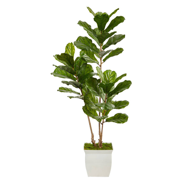 5.5’ Fiddle Leaf Artificial Tree in White Metal Planter(Indoor/Outdoor)