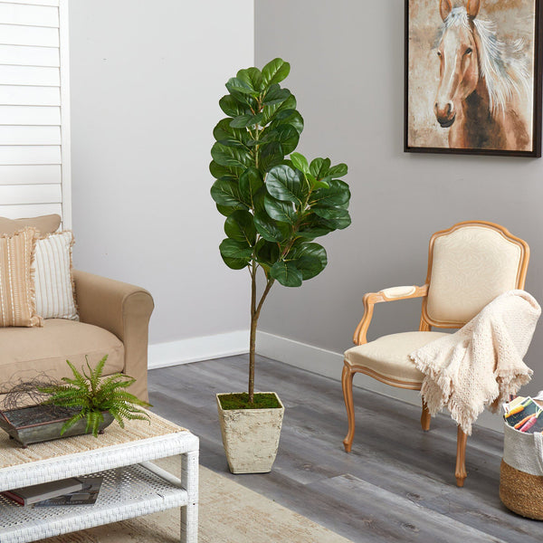 5.5’ Fiddle leaf Fig Artificial Tree in Country White Planter