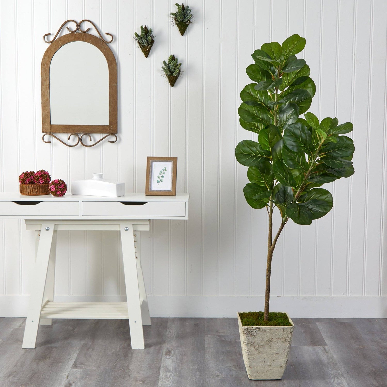 5.5’ Fiddle leaf Fig Artificial Tree in Country White Planter