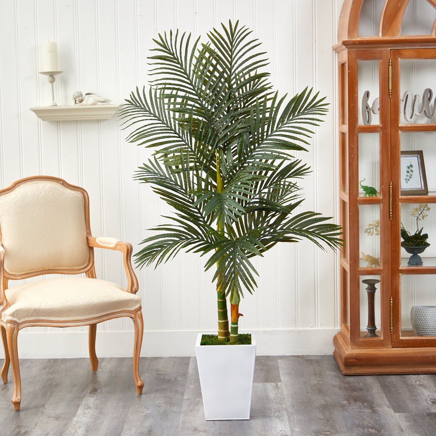 5.5’ Golden Cane Artificial Palm Tree in White Metal Planter