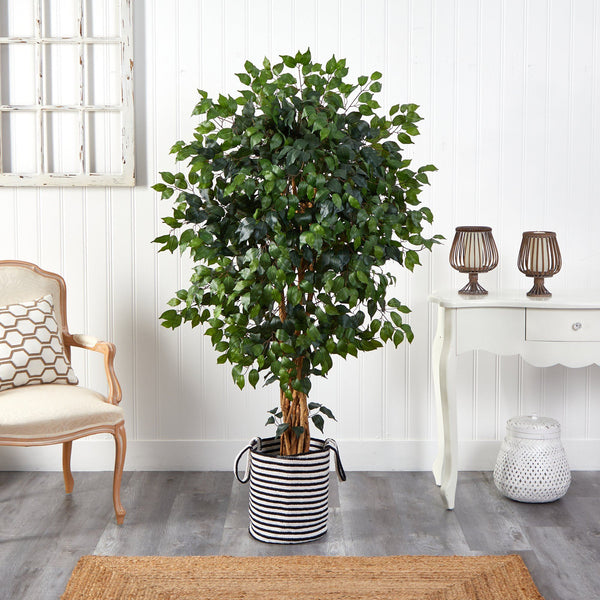 5.5’ Palace Ficus Artificial Tree in Handmade Black and White Natural Jute and Cotton Planter