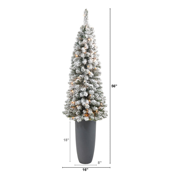 56” Flocked Pencil Artificial Christmas Tree with 100 Clear Lights and 216 Bendable Branches in Gray Planter