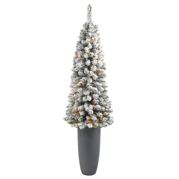 56” Flocked Pencil Artificial Christmas Tree with 100 Clear Lights and 216 Bendable Branches in Gray Planter