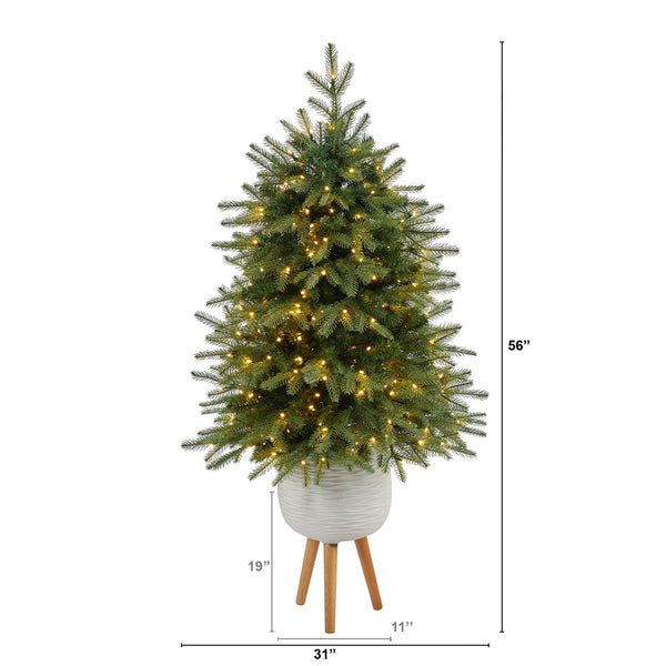 56” Vancouver Fir “Natural Look” Artificial Christmas Tree with 250 Clear LED Lights and 814 Bendable Branches in White Planter with Stand