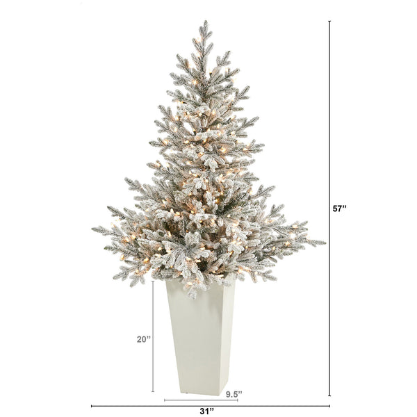 57” Flocked Fraser Fir Artificial Christmas Tree with 300 Warm White Lights and 967 Bendable Branches in Tower Planter