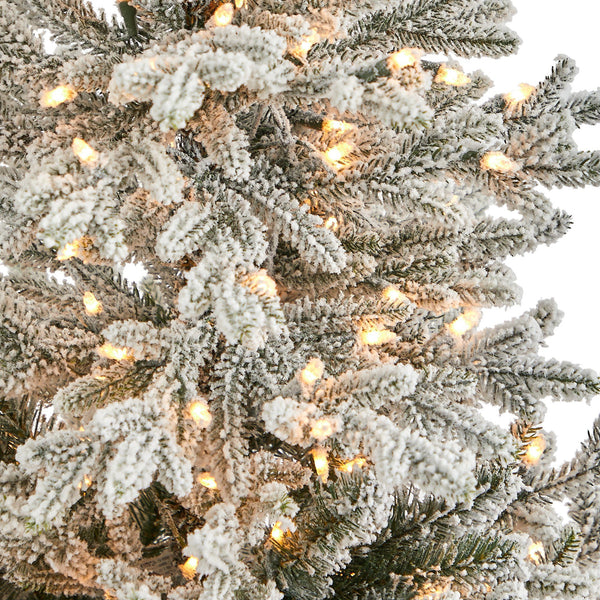 57” Flocked Fraser Fir Artificial Christmas Tree with 300 Warm White Lights and 967 Bendable Branches in Tower Planter