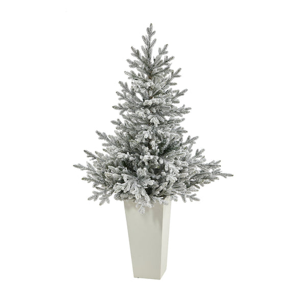 57” Flocked Fraser Fir Artificial Christmas Tree with 300 Warm White Lights and 967 Bendable Branches in Tower Planter