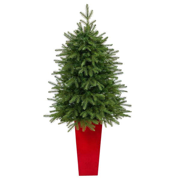 57” Vancouver Fir “Natural Look” Artificial Christmas Tree with 250 Clear LED Lights and 814 Bendable Branches in Red Tower Planter