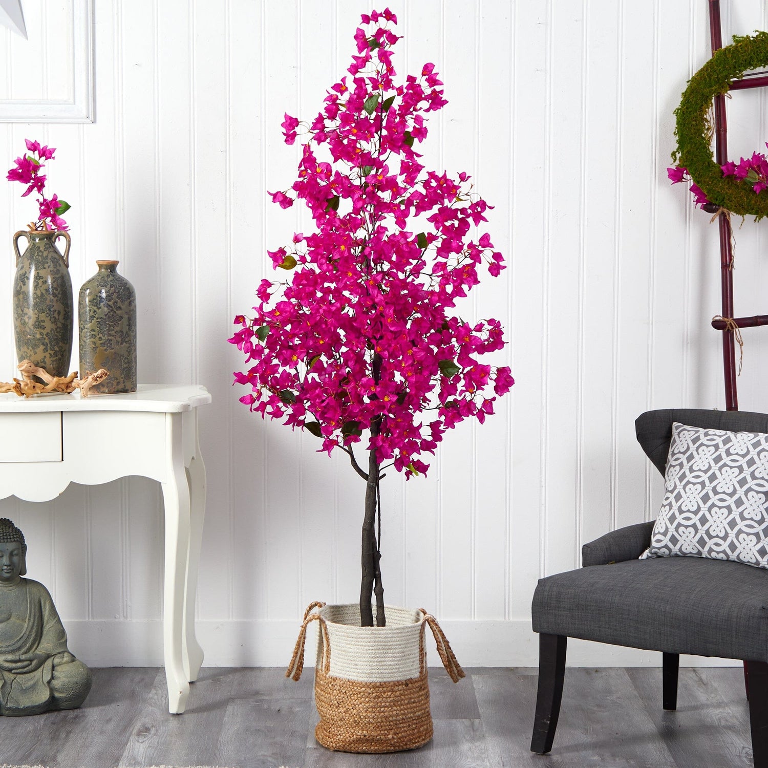 6’ Artificial Bougainvillea Tree with Handmade Jute & Cotton Basket