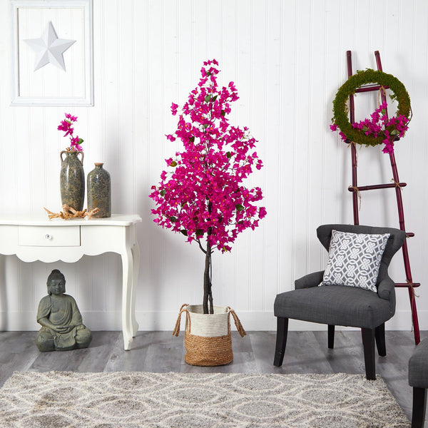 6’ Artificial Bougainvillea Tree with Handmade Jute & Cotton Basket