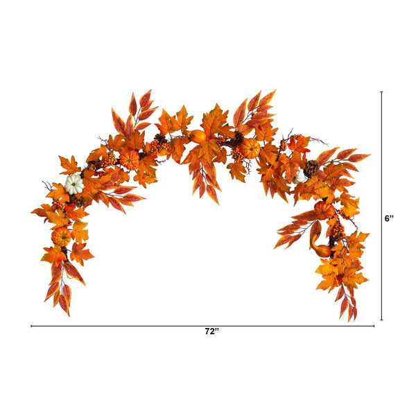 6’ Assorted Autumn Maple Leaves, Pumpkins, Gourds, Berries and Pinecone Artificial Fall Garland