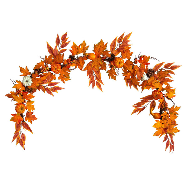 6’ Assorted Autumn Maple Leaves, Pumpkins, Gourds, Berries and Pinecone Artificial Fall Garland