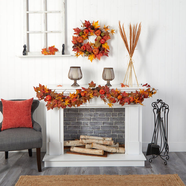 6’ Autumn Maple Leaf, Pumpkin, Gourd and Berry Artificial Fall Garland