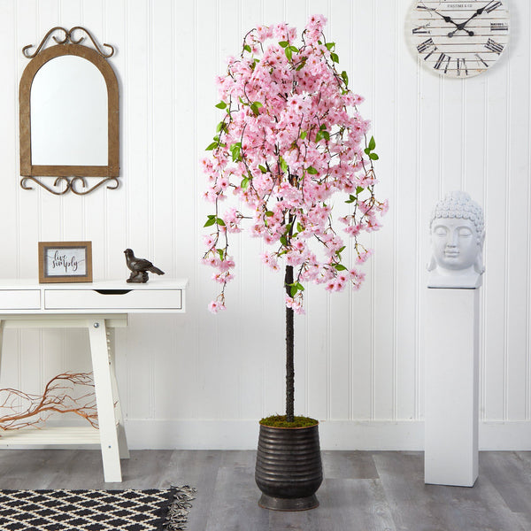 6' Cherry Blossom Artificial Tree in Ribbed Metal Planter