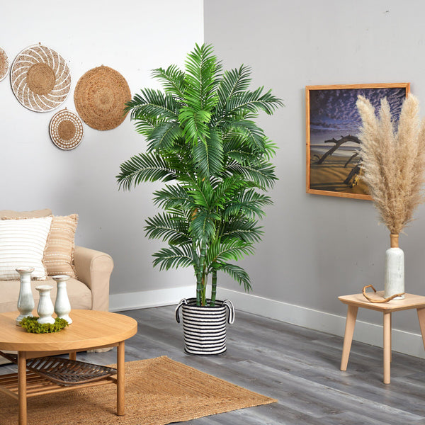 6’ Curvy Parlor Artificial Palm Tree in Handmade Black and White Natural Jute and Cotton Planter