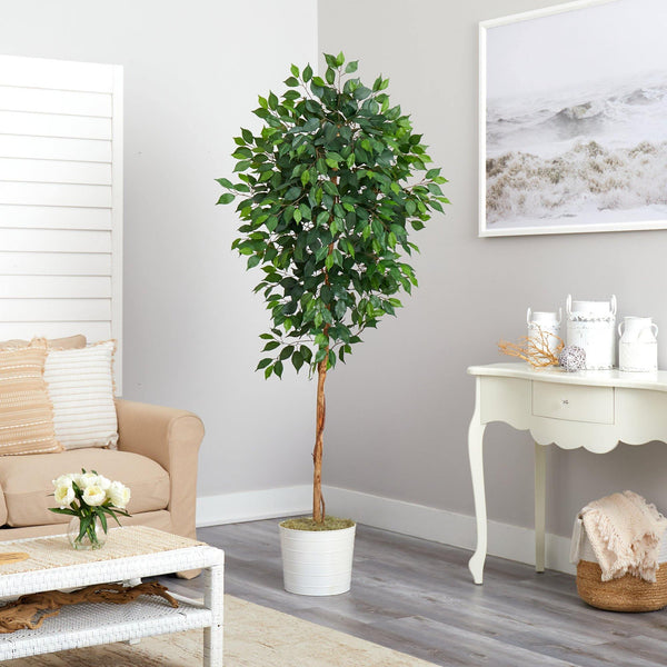 6’ Ficus Artificial Tree in White Tin Planter