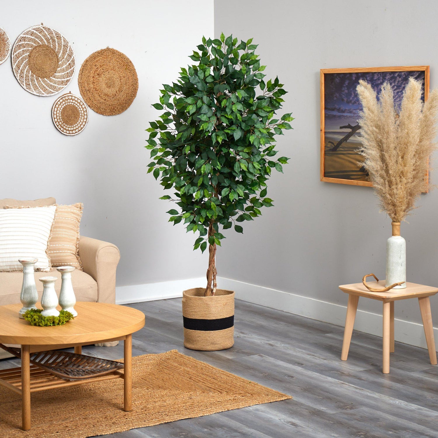 6’ Ficus Artificial Tree with Natural Trunk in Handmade Natural Cotton Planter