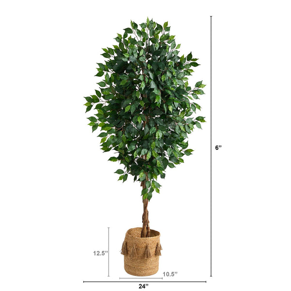 6’ Ficus Artificial Tree with Natural Trunk in Handmade Natural Jute Planter with Tassels