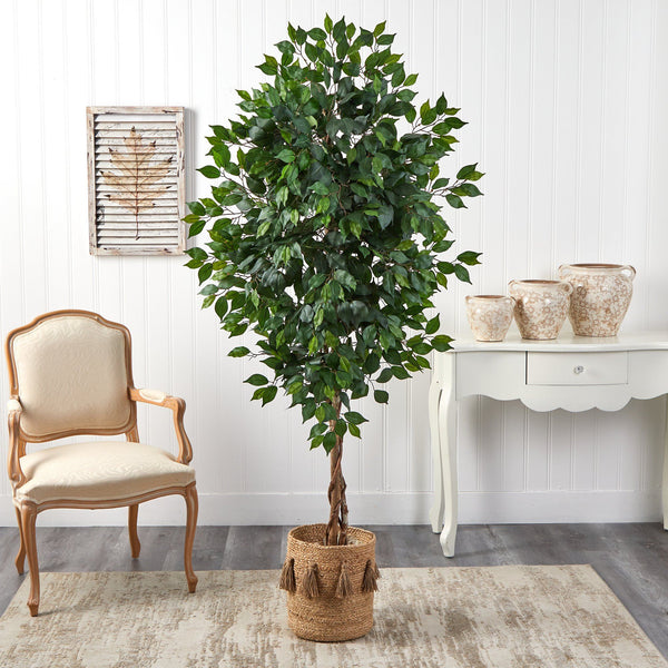 6’ Ficus Artificial Tree with Natural Trunk in Handmade Natural Jute Planter with Tassels