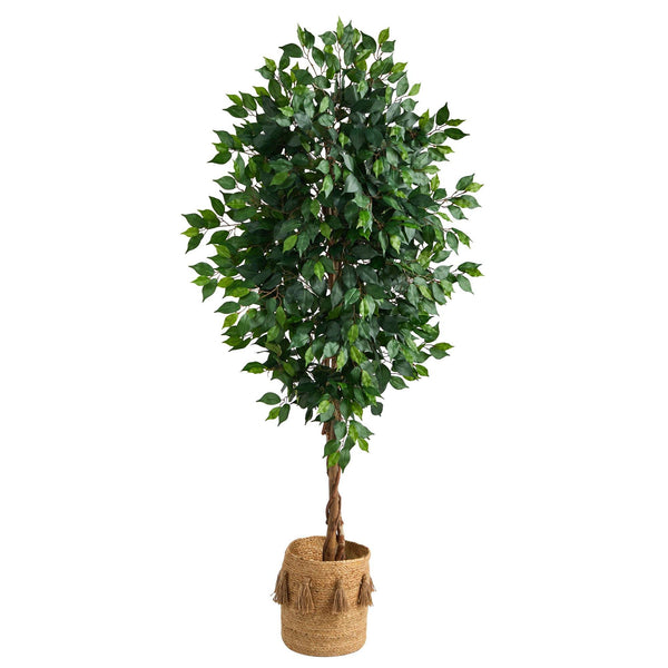 6’ Ficus Artificial Tree with Natural Trunk in Handmade Natural Jute Planter with Tassels