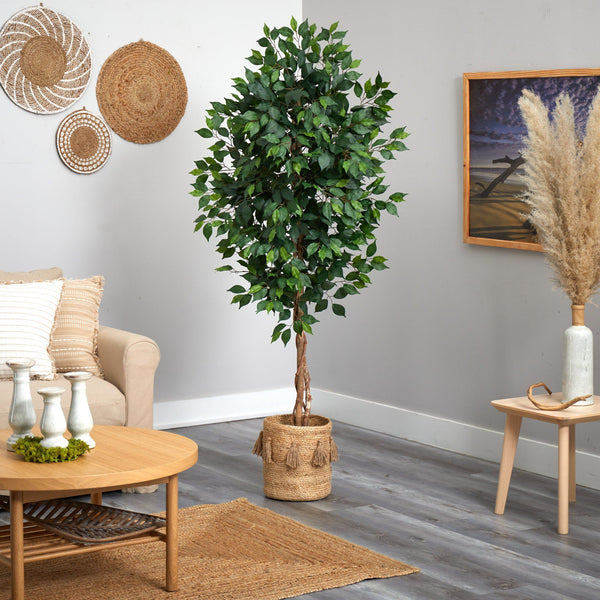 6’ Ficus Artificial Tree with Natural Trunk in Handmade Natural Jute Planter with Tassels