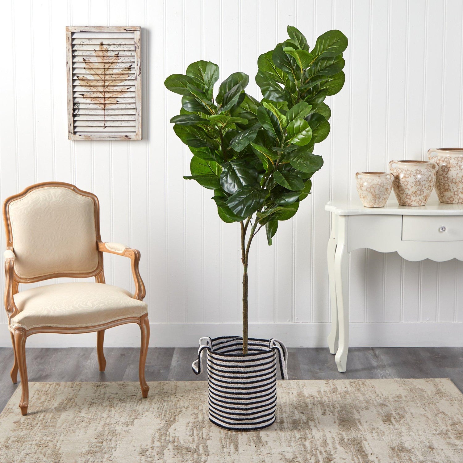 6’ Fiddle Leaf Fig Artificial Tree in Handmade Black and White Natural Jute and Cotton Planter