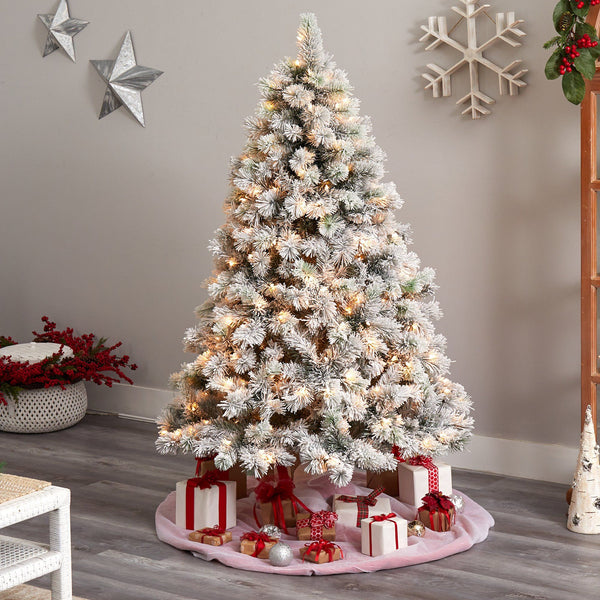 6’ Flocked Oregon Pine Artificial Christmas Tree with 300 Clear Lights and 551 Bendable Branches